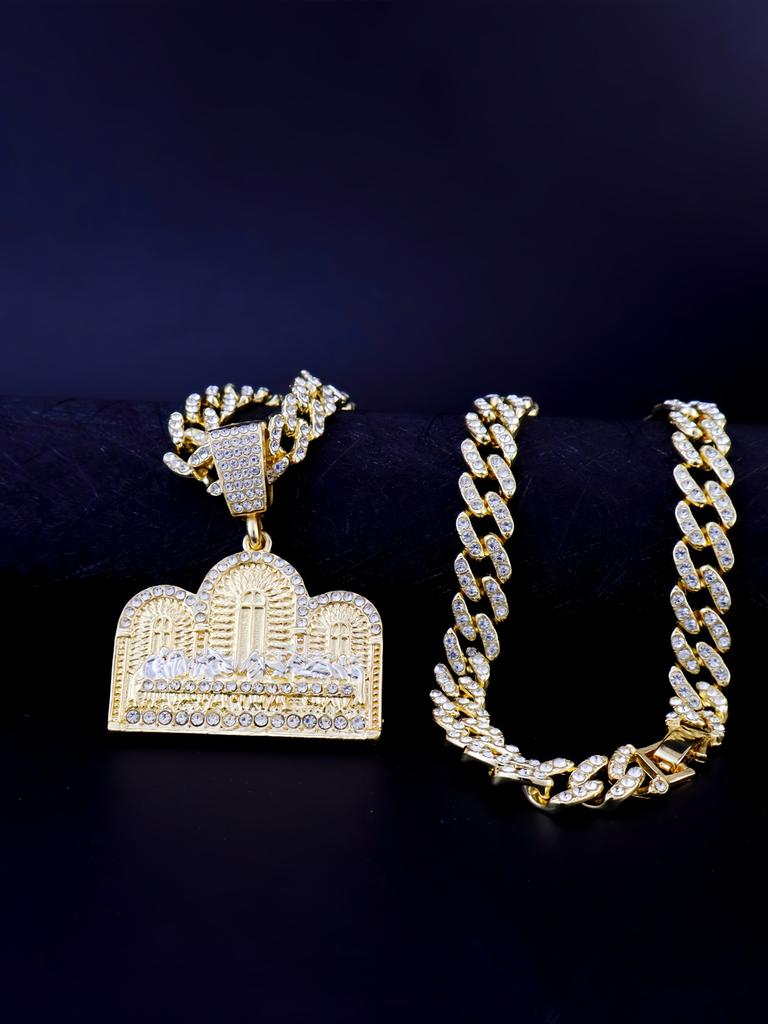 1 Piece 14K Gold Plated Hip Hop Punk Style Round Medallion Last Supper Pendant with Cuban Chain Cross Charm with Figaro Style