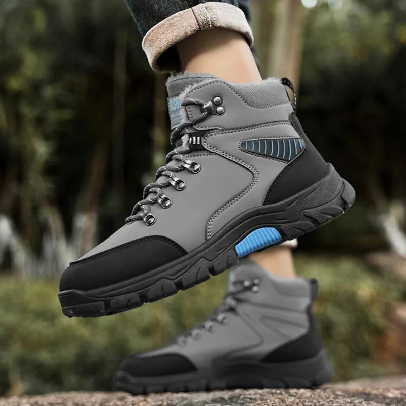 Men's Boots Winter High Top Waterproof Snow Boots Platform Plush Warm CottonShoes Outdoor Non-slip Hiking Travel Boots Plus Size