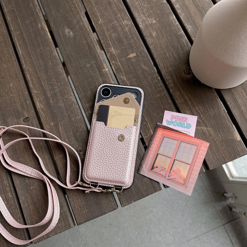Applicable à l'iPhone 17 Pro Max sac à cartes motif litchi Apple 15 Pro messenger carte multifonction 16 coque de protection