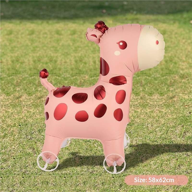 1Pc Cartoon Foil Balloon Animal Stand Walking Balloon With Wheel For Kid Birthday Party Decor Ballons Baby Shower Accessories
