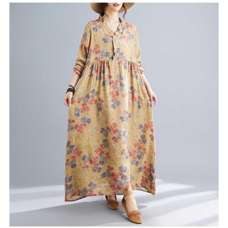Season's New Vintage Print Loose Hem Long Dress