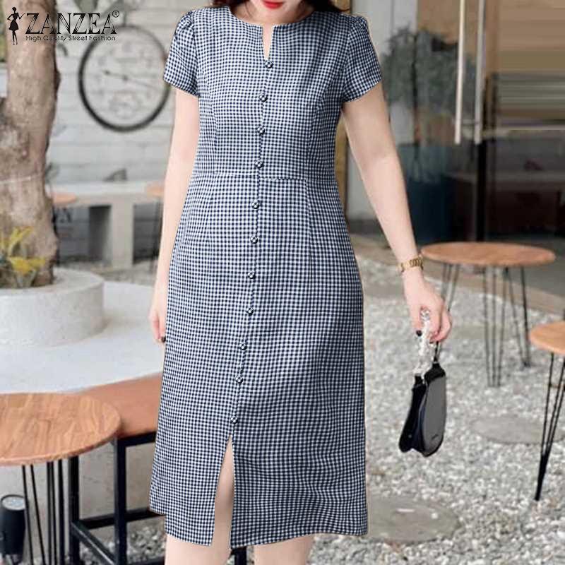 ZANZEA Women Casual Round Neck Summer Short Sleeve Grid Print Dress