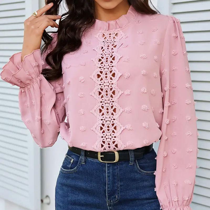 Blouse d'été pour femmes Bordure en dentelle Transparente Volantée Manches lanternes Manches longues Haut