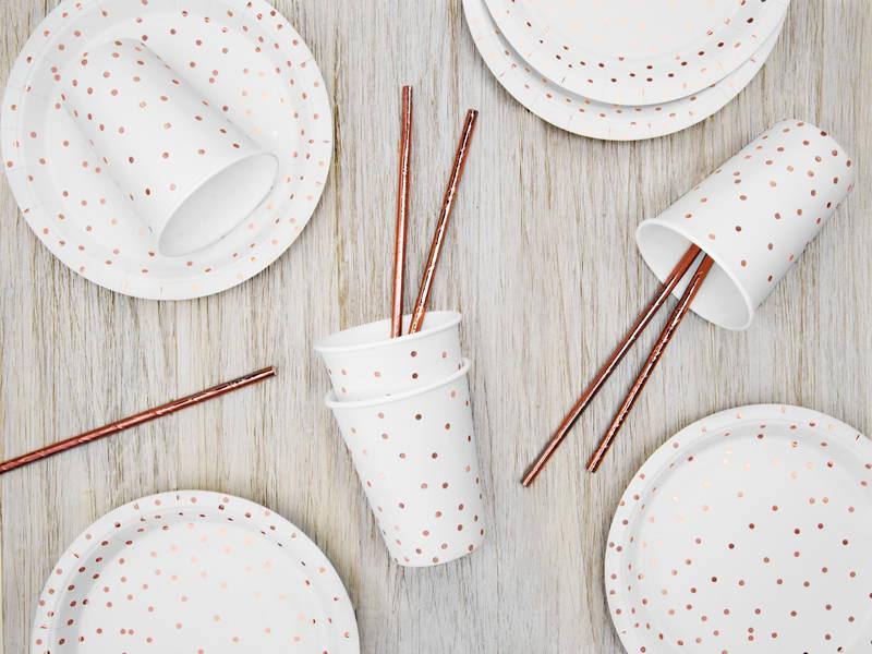 Dotted Paper Plates, White, Rose Gold, 18cm, 6 Pcs