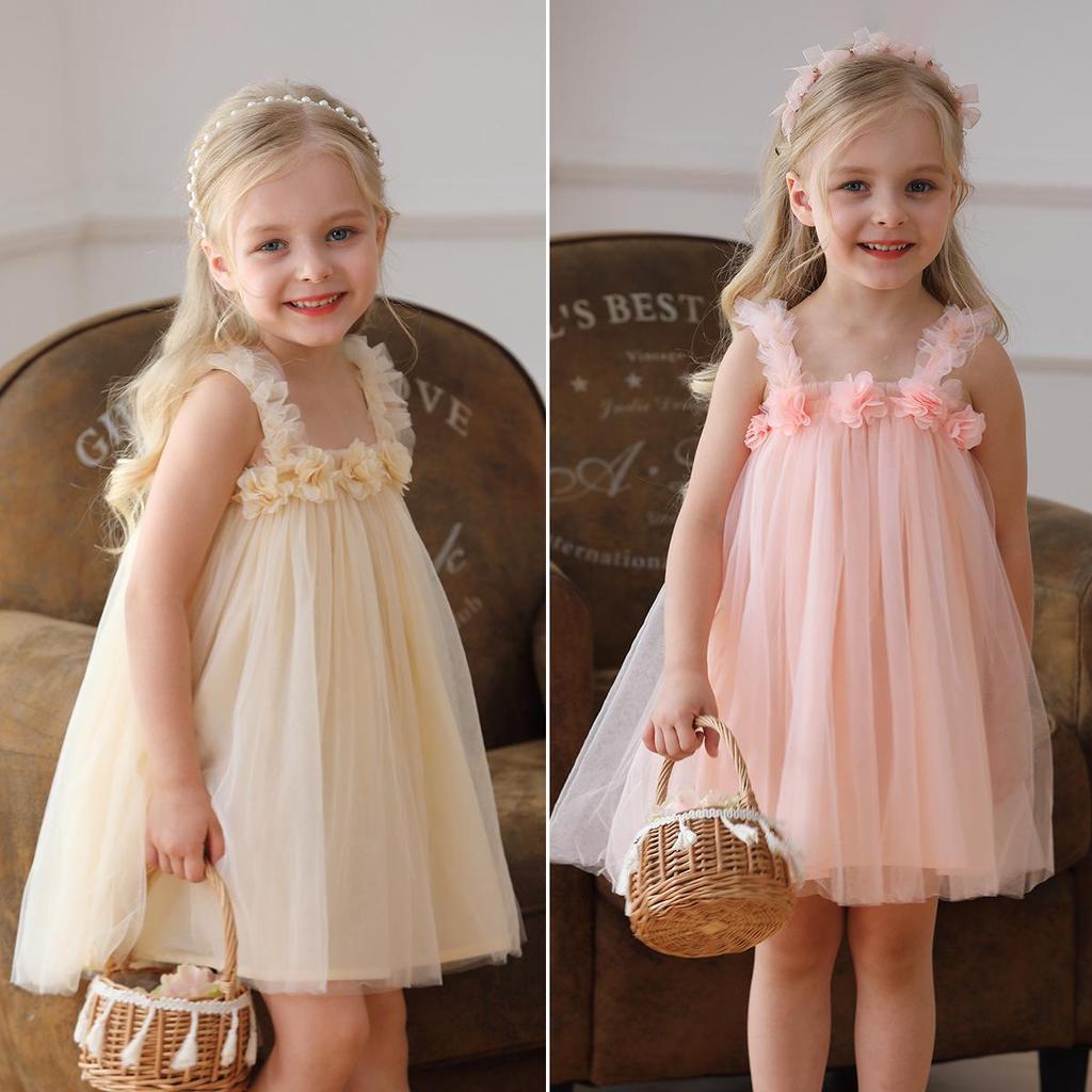 Rochie de Plajă Summer cu Bretele din Plasă și Flori 3D pentru Fete Dulci - Fustă Pufoasă de Prințesă pentru Bebelușe.