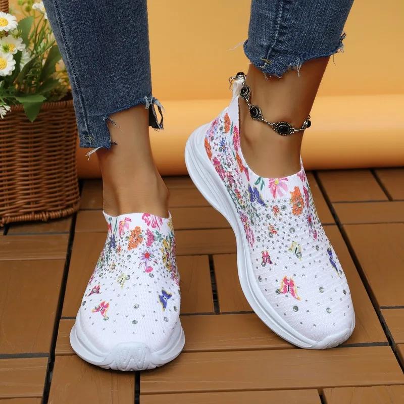 Fashion High Quality Plus Size 43 Women Shoes Comfort Breathable Casual Sneakers Women Fashion Rhinestone Flat Shoes for Women 2024