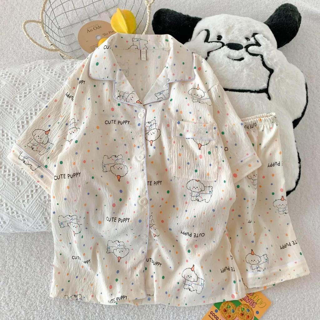 Women's Cartoon Cloud Cotton Pajama Set - Cardigan, Short Sleeve, Shorts, Home Wear