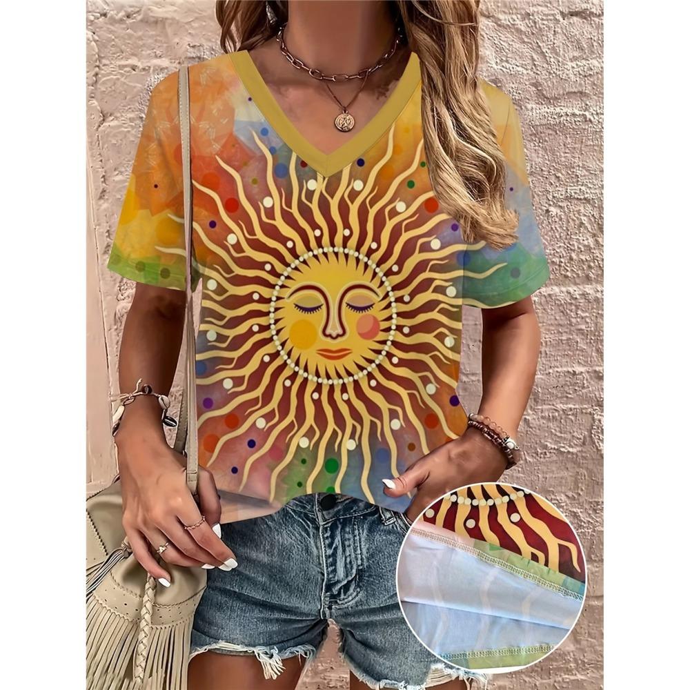 2025 ethnisches Damen-T-Shirt Retro-Grafik Mode Kurzarm V-Ausschnitt reguläre Bluse Druck Sommer und Frühling Freizeitbluse
