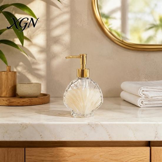 Lotion Glass Container 400ML Beach Seashell Refillable Soap Dispenser, Liquid Hand Bottle Container, Pump for Bathroom Kitchen Countertop Dispenser