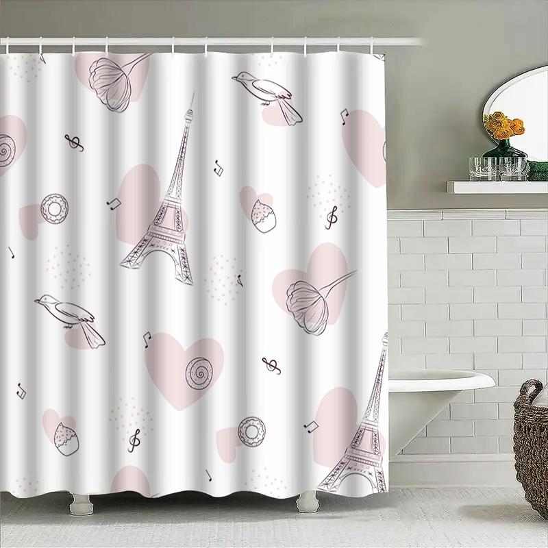 Eiffel Tower Shower Curtain: Romantic French Decor With Musical Notes Hearts Pink Bath Liner For Bathroom Universal Fit (White,