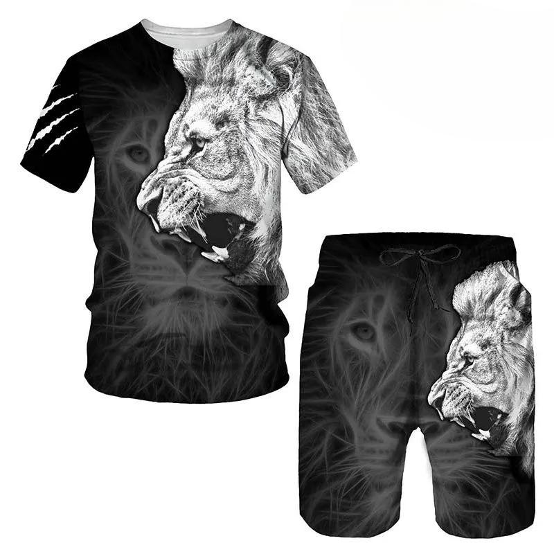2 Piece Lion Set Trend Mens Retro 3D Printed Leisure Summer Suit Round Neck T-shirt Fashionable Loose Sports Shirt Suit