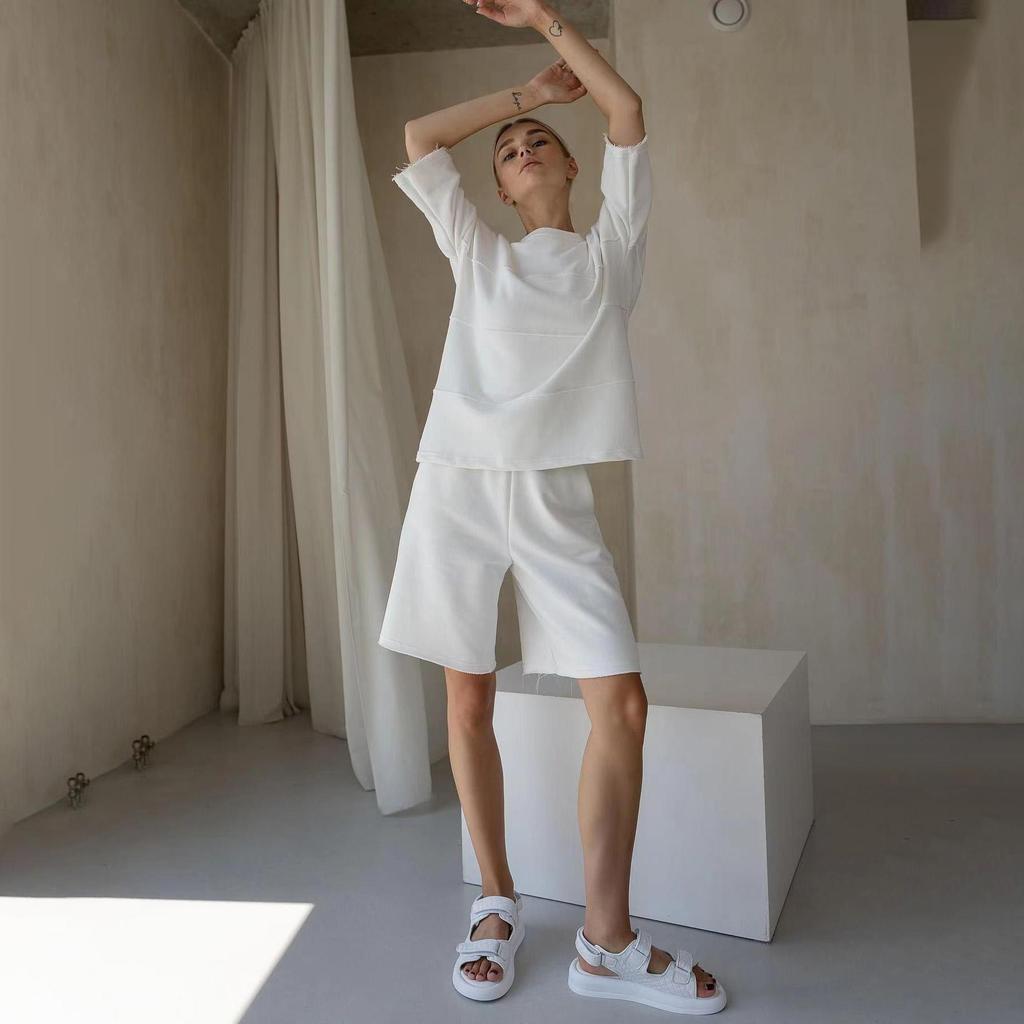 Women's Two-piece Half Sleeve Shirt High Waist Drawstring Shorts Large Size Set Fashion Suits