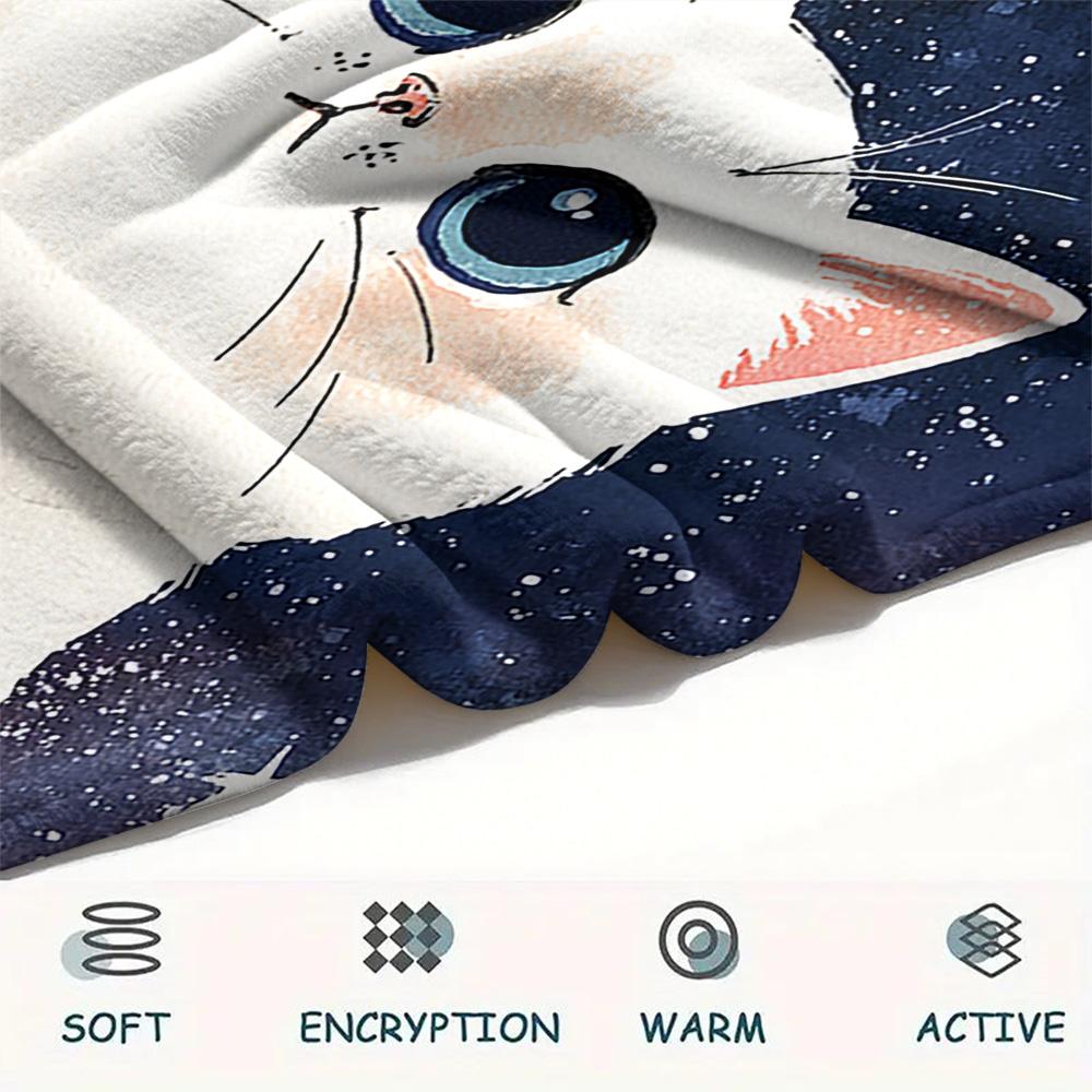 White Cat Print Flannel Blanket, High quality Comfortable for All Seasons, Home Decor, Warmth and Comfort, Perfect for Christmas Gifts
