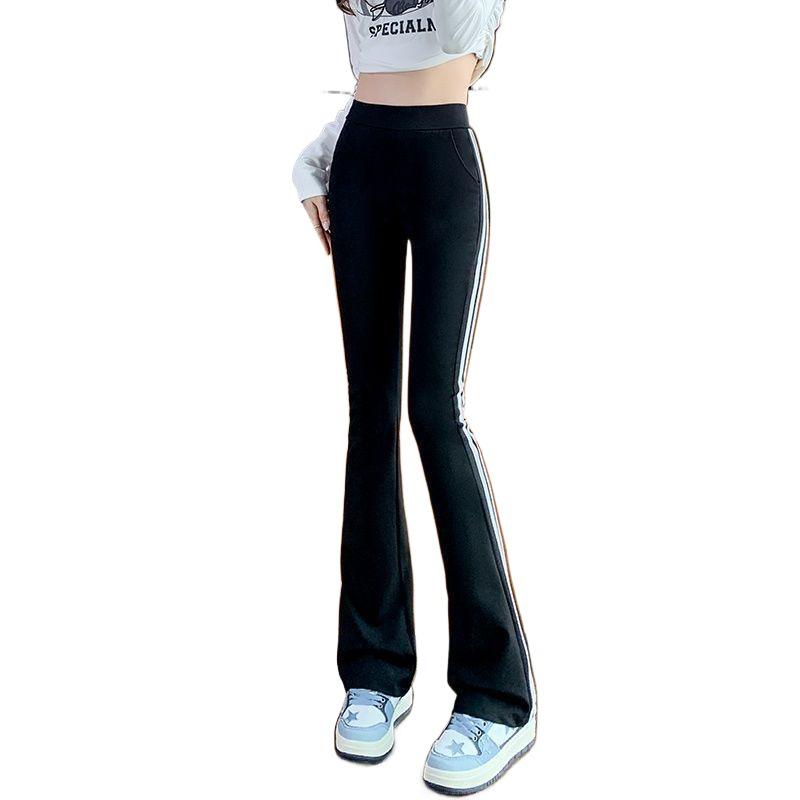 Women's Striped Black Micro-Flare High-Waist Slimming Bell Bottoms - Plus Size, Extra Long, 2026 Spring Collection