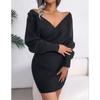 Fashion Long Sleeve Green Sweater Dress Women Casual Cross V-neck Knitted Dress Woman Autumn Winter Sexy Dresses 23849