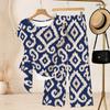 Women Plus Size Round Neck Short Sleeve Knot Hem Red White Striped Printed Two Piece Pants Set