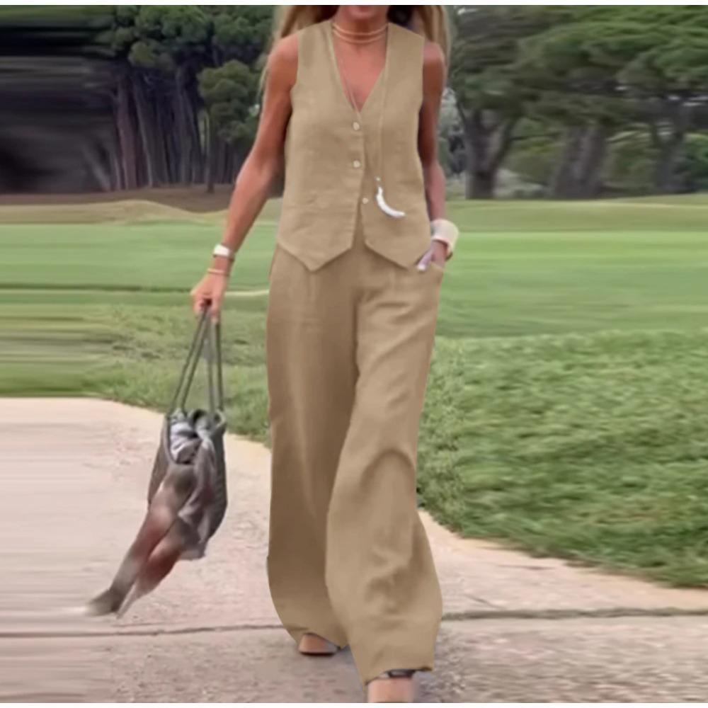 

GMXIA Повседневный и Модный Однотонный Комплект из Жилета и Длинных Брюк Коллаж и Пэчворк Комплект из двух предметов XXXL хаки