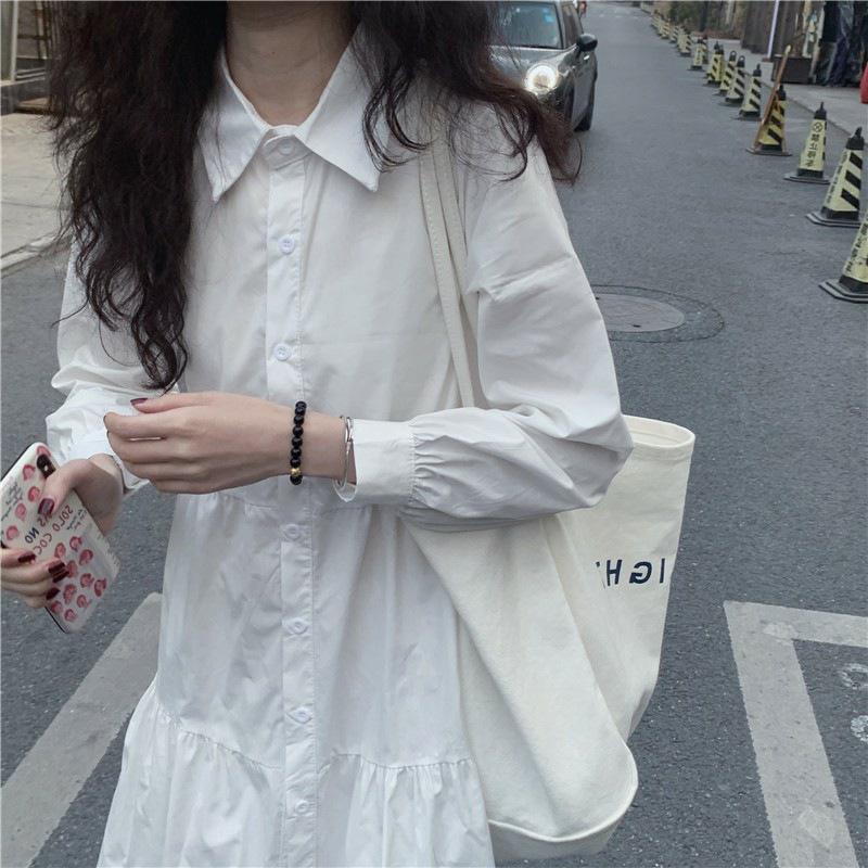 2023 Spring/Autumn Petite French White A-line Shirt Dress with Long Sleeves