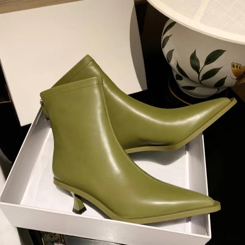 Fashion New Pointed 5.5cm Slim Heel Cowhide Back Zipper Short Boots European American Slimming Ladies' Temperament Ankle Boot Sizes34-43