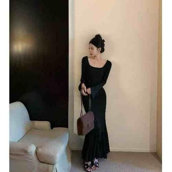 Atmospheric Korean-Style 2025 Black Fishtail Dress for Women