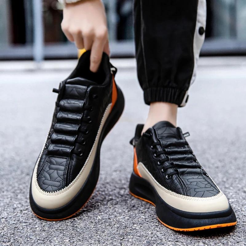 Fashion Men's Vulcanized Shoes Genuine Leather Casual Shoes Luxury Men's Flat Shoes Men's Non-slip Thick-soled Sneakers Tenis De Hombre
