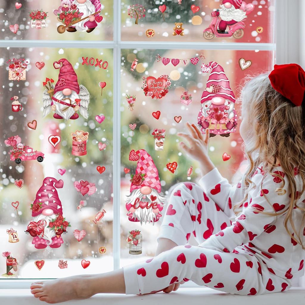 BORAMDO Valentine's Day Window Clings 12 Sheets, Happy Valentine's Day Gnome Decals Stickers, Removable Pink Decorations for Glass Windows, Holiday