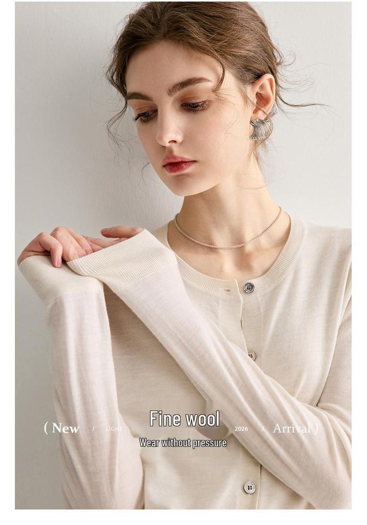 Women's Round Neck 100% Wool Knit Cardigan Sweater - Single-Breasted, Thin German Yangzi Yarn Design