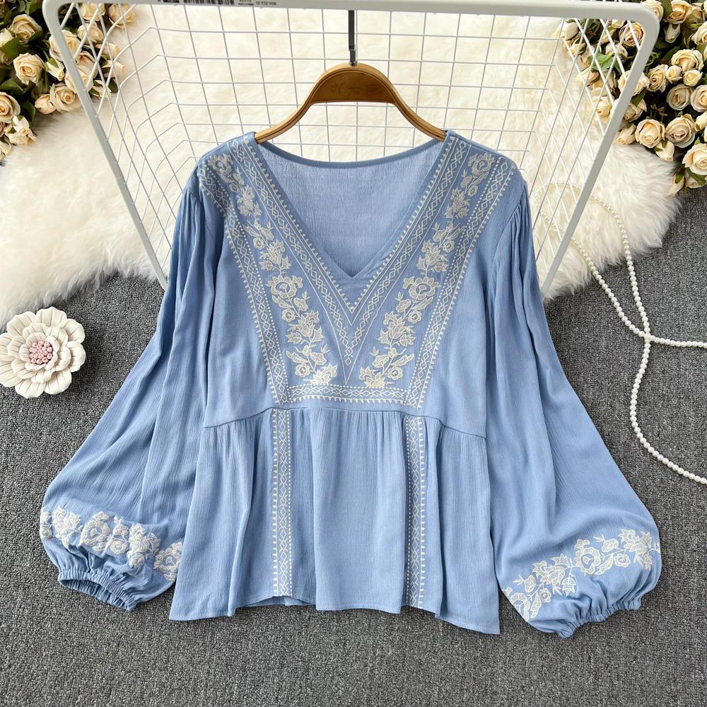 

Женская вышитая крючком рубашка с рукавами-фонариками, короткая женская модная блузка, весенний ретро-топ в этническом стиле, блузы One Size светло-синий