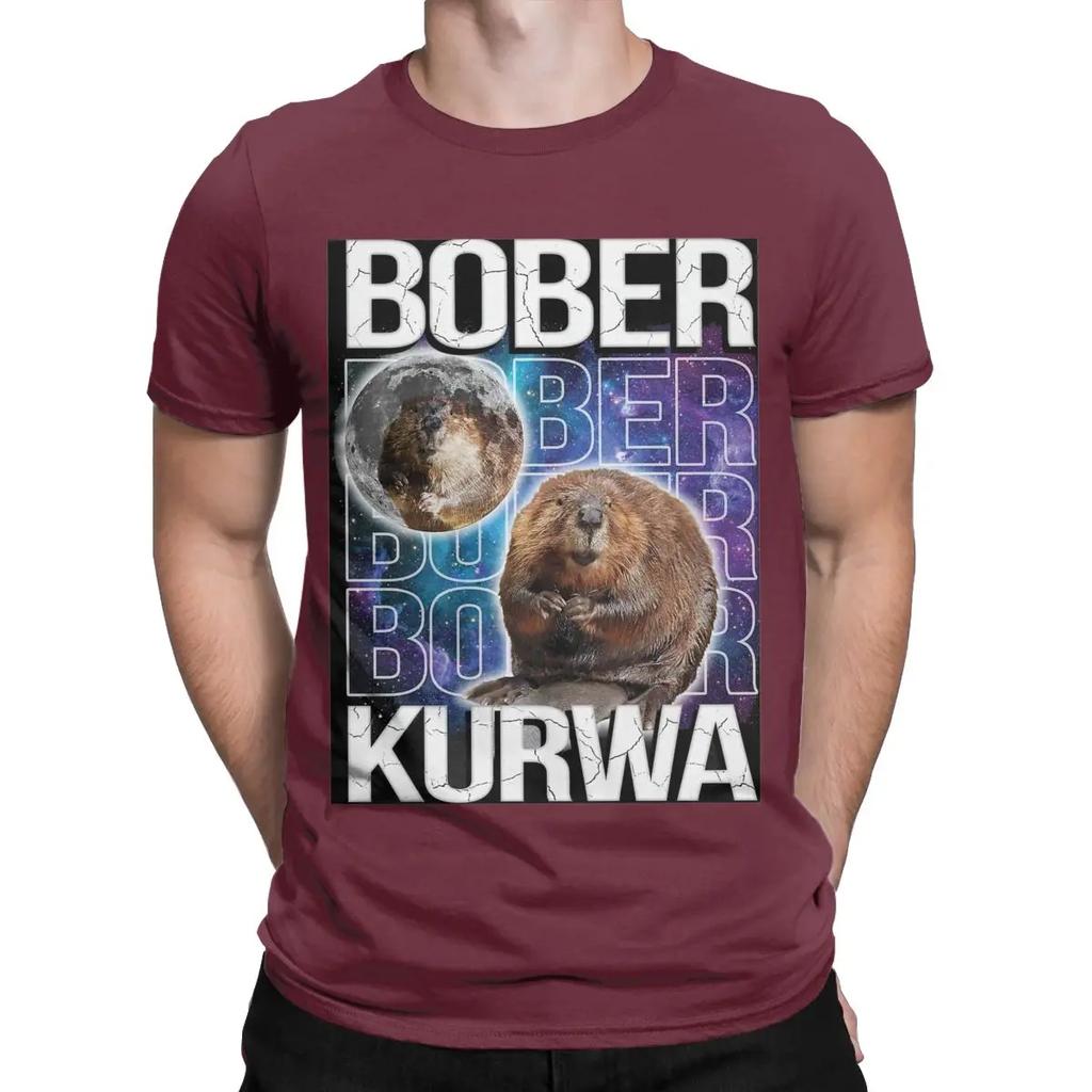 Funny Bober Kurwa Funny Beaver Meme Galaxy Universe T-Shirt for Men Round Neck Cotton T Shirts Short Sleeve Tee Shirt Tops