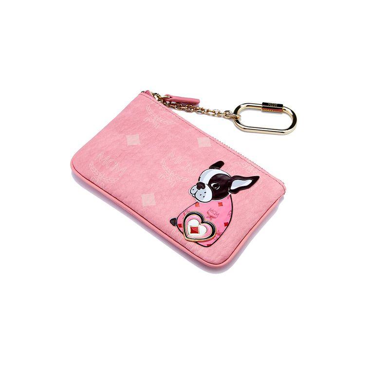 MCM Visetos Pink Leather Coin Pouch with Dog Motif & Gold Chain for Daily Use & Gifting