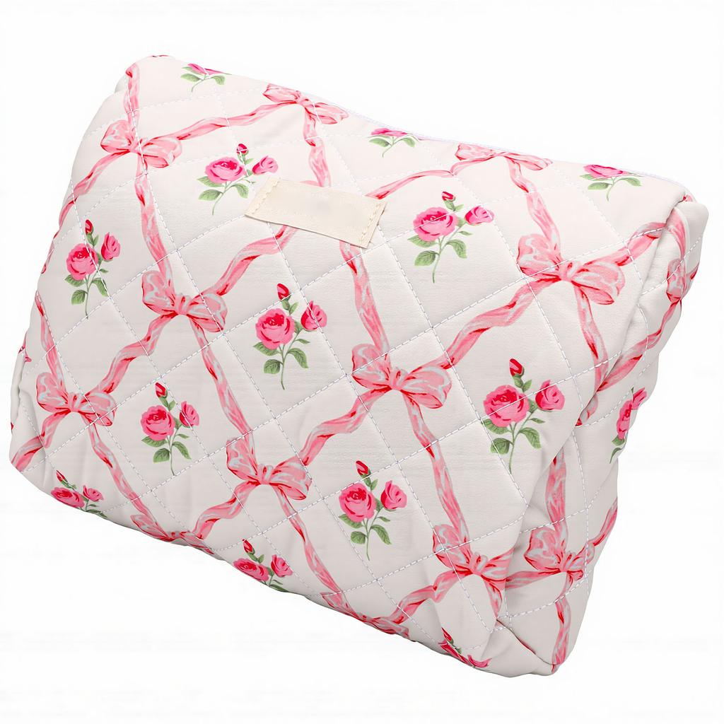 Cosmetic Bag Floral Bow Print Pattern Machine Washable 3.2L Quilted Cotton Makeup Bag for Travel Toiletries