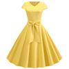 Damen Sommer Vintage Kleid Mit Gürtel Kurze Ärmel V-Ausschnitt Elegant Retro Schwingendes Partykleid