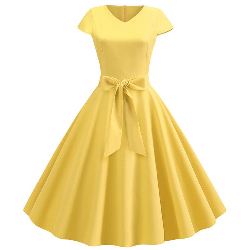Damen Sommer Vintage Kleid Mit Gürtel Kurze Ärmel V-Ausschnitt Elegant Retro Schwingendes Partykleid