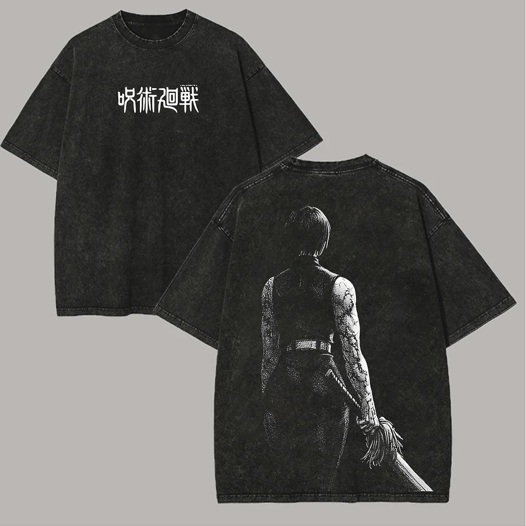 Fushiguro Toji Jujutsu Kaisen T Shirt Zenin Maki Printed Vintage Washed T-shirt Men's Clothing Cotton Short Sleeve Tees Tops