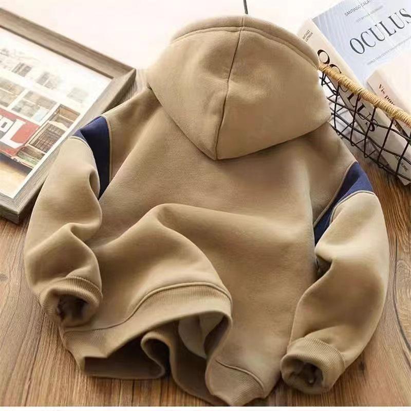 Boys' Winter Clothes Velvet Thick Hooded Sweater Big Children's Stitching Long-Sleeved Top