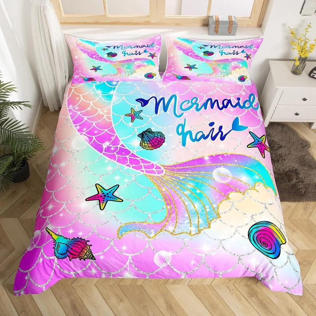 Mermaid Tail Duvet Cover Set, Colorful Scales Ocean Print Bedding, 3D Soft Microfiber Quilt Cover With Pillowcases