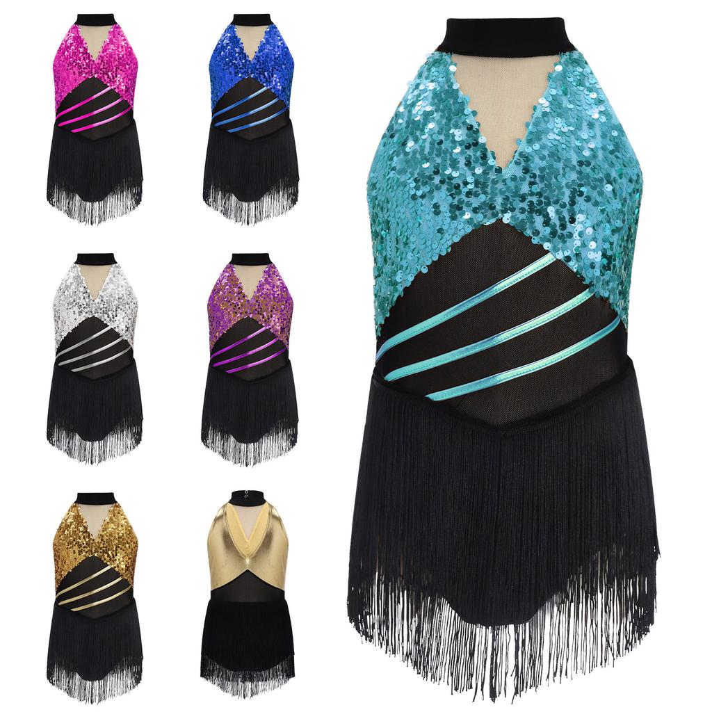 Kids Girls Latin Dancewear Leotard: Halter Sleeveless Shiny Sequins Mesh Waist Keyhole Metallic Back Tassels for Cha-cha Salsa