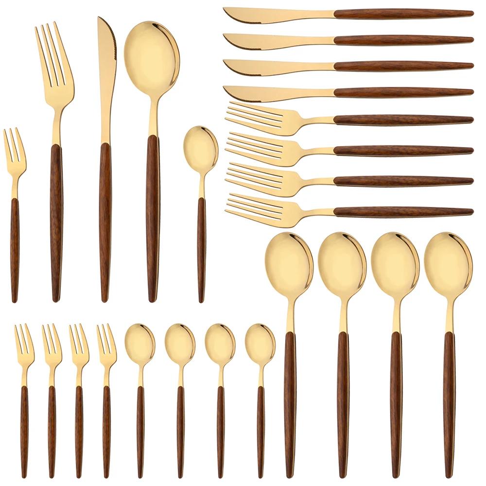 20Pcs Stainless Steel Dinner Flatware Imitation Wooden Handle Dinnerware Knife Coffee Spoon Tea Fork Cutlery Set Tableware