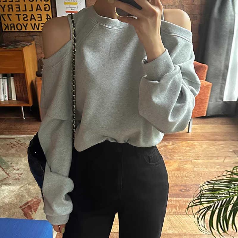 Korean Chic Off-Shoulder Loose Pullover Hoodie - Long Sleeve, Solid Color