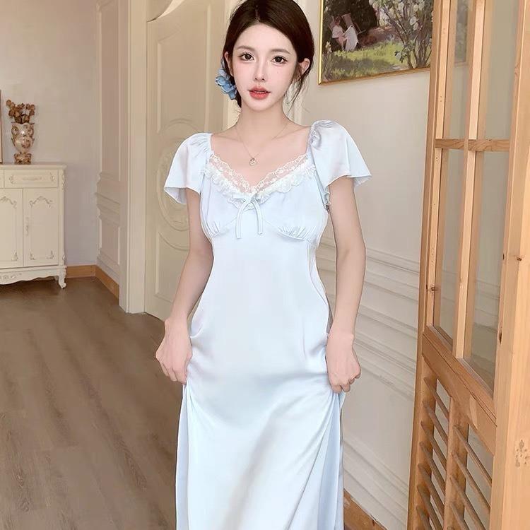 Pajamas Thin Japanese Court Lace Sweet Pajamas Spring and Summer Ice Silk Short Sleeves Women's Long Pajamas with Chest Pads