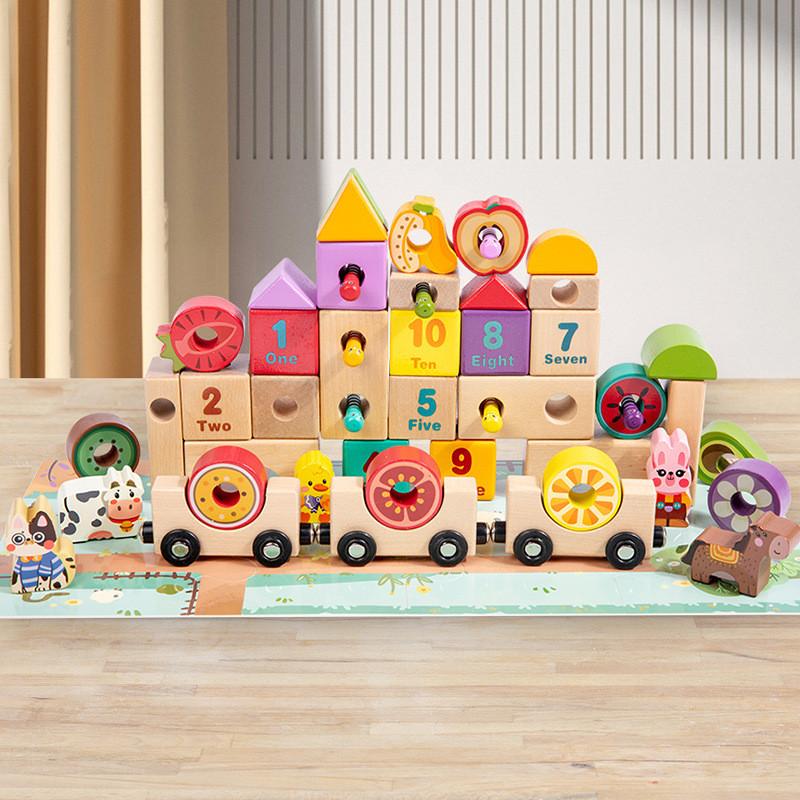Educational Fruit Wooden Train Building Blocks For Digital English Cognition Toy
