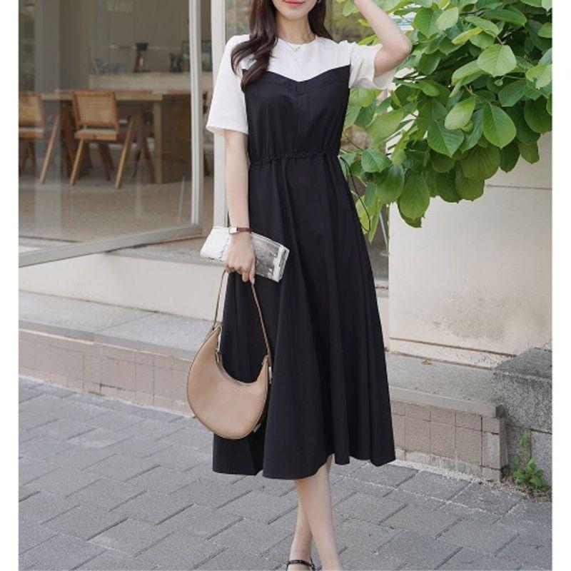 

K-style Fashion Commuter Plus Size Women s round Neck Patchwork Fake Two-Piece Elastic and Waisted Shoulder Slim Looking Short Sleeve Dress Black(Figure) L(Large size)