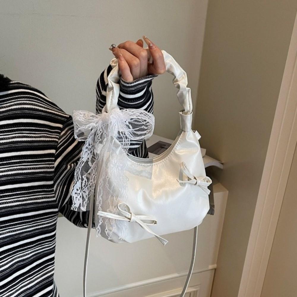 Pleated Evening Handbag Beige Underarm Bag Sweet Bow PU Shoulder Bag Travel