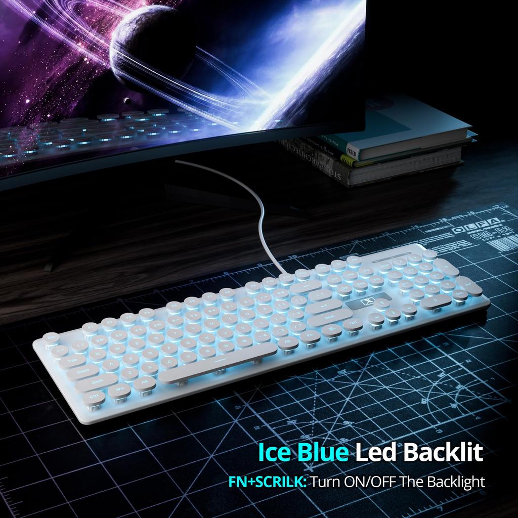 Wired Quiet Membrane Keyboard, Full-Size 104-Key Retro Punk Typewriter White LED Backlit, USB Ultra-Slim Gaming Keyboard with ABS Round Keycaps for