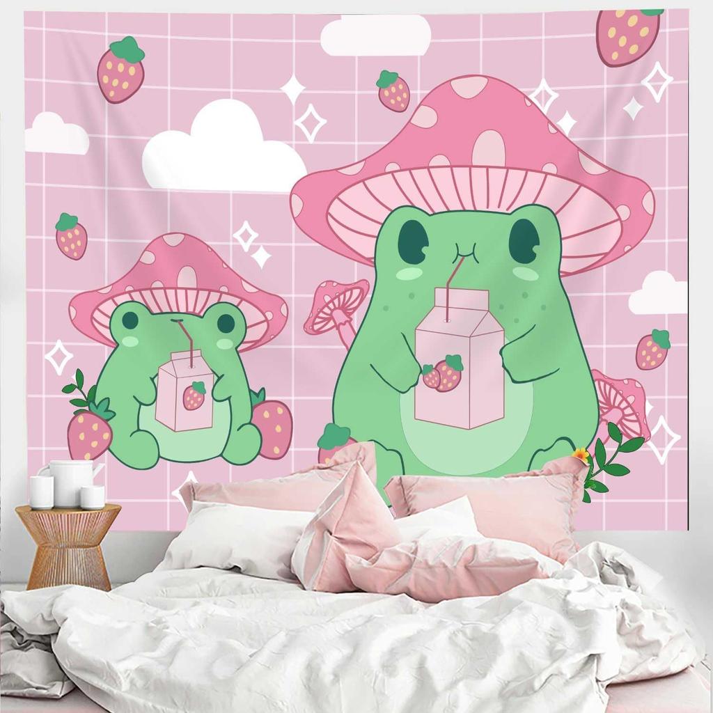 Frog Mushroom Strawberry Tapestry, Pink Cute Room Decor Aesthetic Wall Hanging Bedding Aesthetic Tapestry, Room Decor For Girls