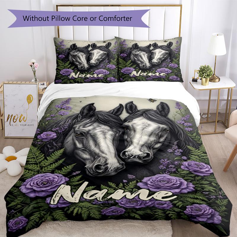 3pcs Custom Name Horse Bedding Set Duvet Cover Closure Includes 1 Duvet Cover & 2 Pillowcases, Soft and Comfortable for All Seasons.
