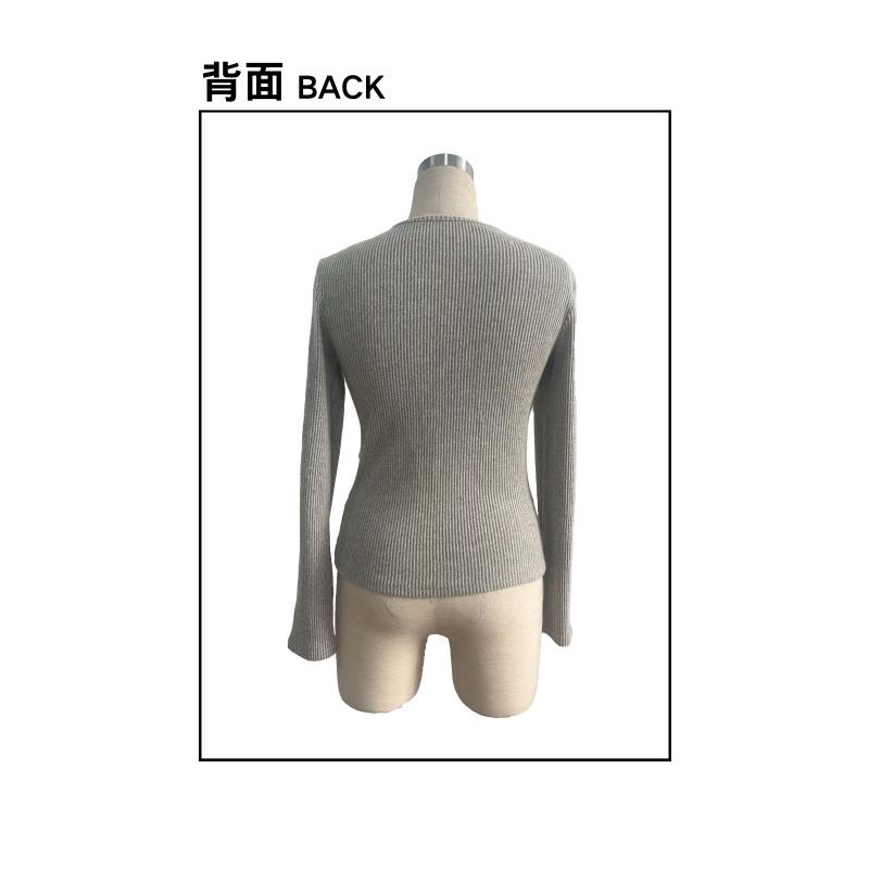 Women S Long Sleeve Knit Top With Irregular Neck Metal Buckle Decor Solid Color