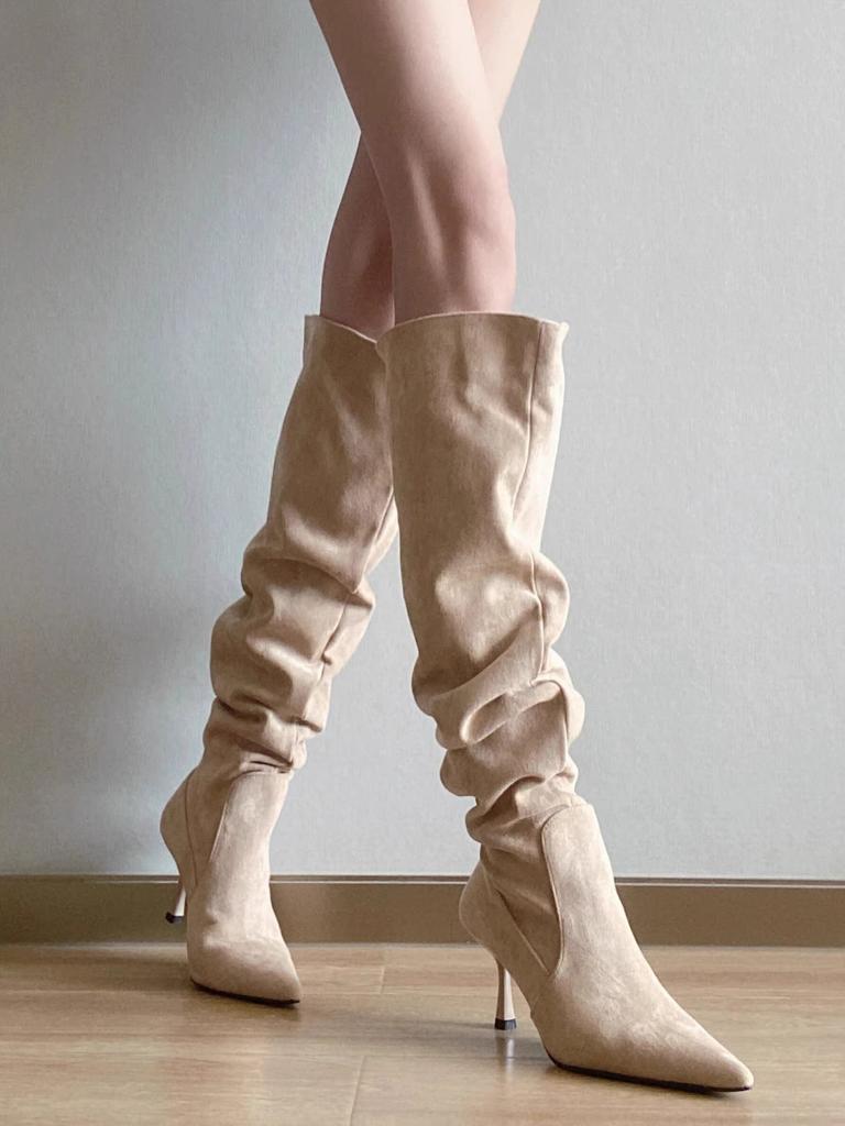 Wildlederspitzstiefel Damen 2025 Herbst und Winter neu khaki hochhackige Stacking-Stiefel vielseitig und schlank hochhackige Stiefel