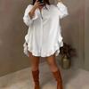 Women's Plus Size Solid Color Point Collar Long Sleeve Ruffle Curved Hem Loose Casual Shirt Blouse
