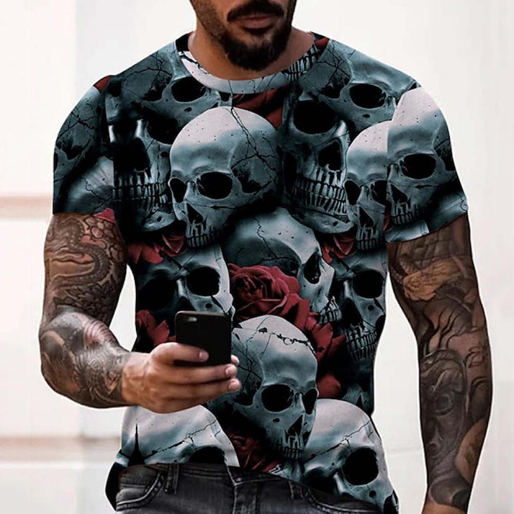 2025-2026 New Trend Men's Street Style Printed Skull Pattern Summer Casual Harajuku Retro Men's Y2K Top Fashion Short Sleeve T-Shirt